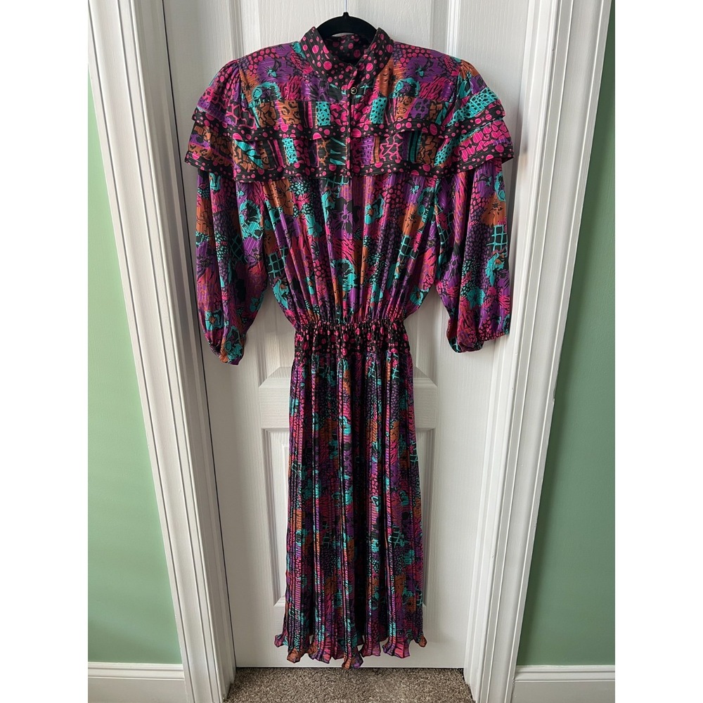 Vintage Diane Freis Dress 1980's Georgette Colorful Floral Pleated‎ Size M ?